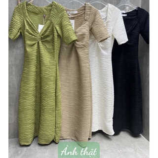 Váy ôm body dáng dài xoắn ngực cộc tay chất sóng