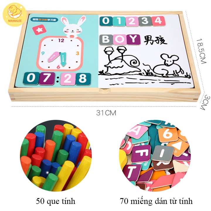 Hộp Gỗ Học Toán Đa Năng  Có Bảng Nam Châm 2 Mặt Kèm Chữ, Số, Que Tính, Hình học