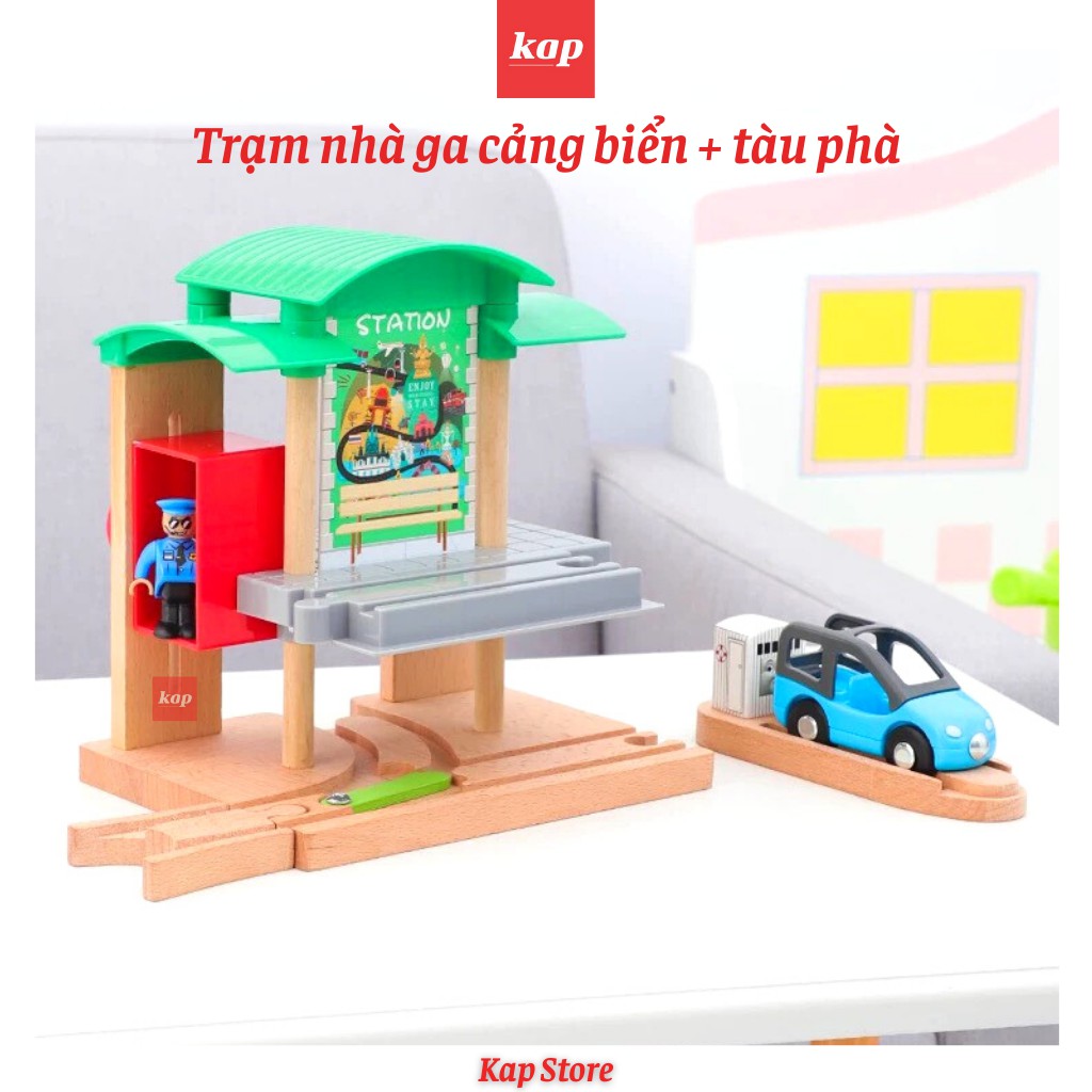 Set nhà ga xe lửa cảng biển, bến phà, ferry station, phụ kiện mô hình đường ray xe lửa gỗ