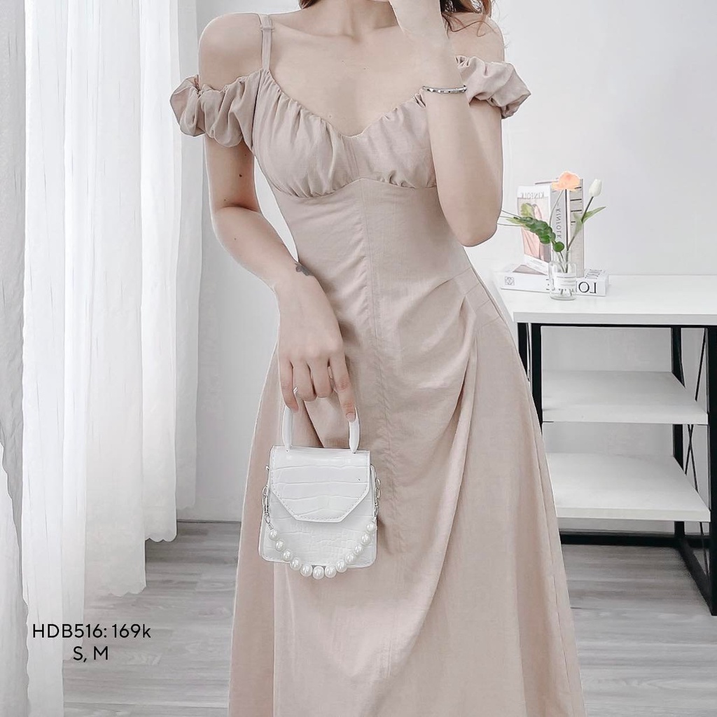 Đầm Dự tiệc Váy 2 Dây Thiết kế vai bèo nhún cúp ngực chất liệu linen CHIBEST HDB516