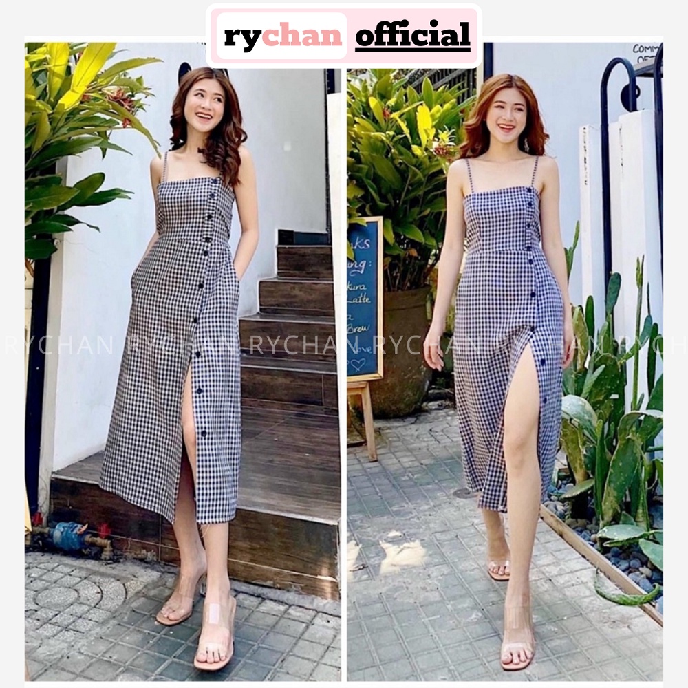 Đầm Nữ Đi Du Lịch Biển 2 Dây Caro Gài Nút Xẻ Tà Cực Trendy - DX9755