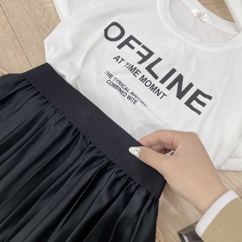 Set bộ áo phông OFF mix chân váy dập li xếp ly Áo cotton trắng váy midi dài đen