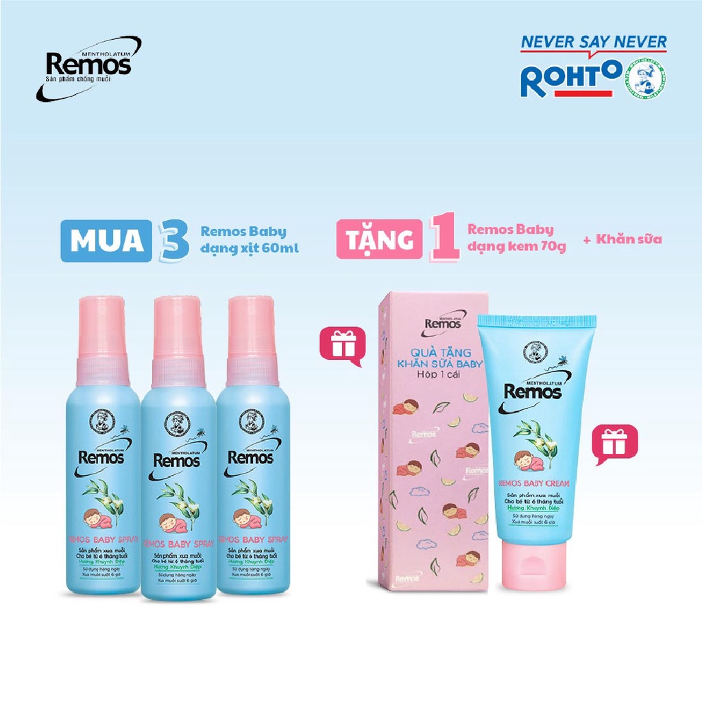 Bộ Remos chống muỗi cho bé:3 chai Remos Baby Spray(60mlx3)+Tặng Kem chống muỗi Remos Baby Cream70g&khăn sữa cho bé