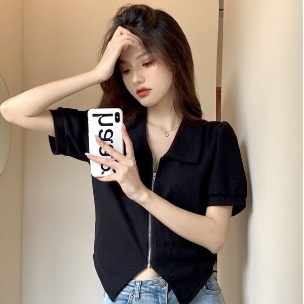 【ZHELIHANGFEI】 Áo Cardigan Dệt Kim Ngắn Tay Cổ POLO Phối Khóa Kéo Cá Tính
