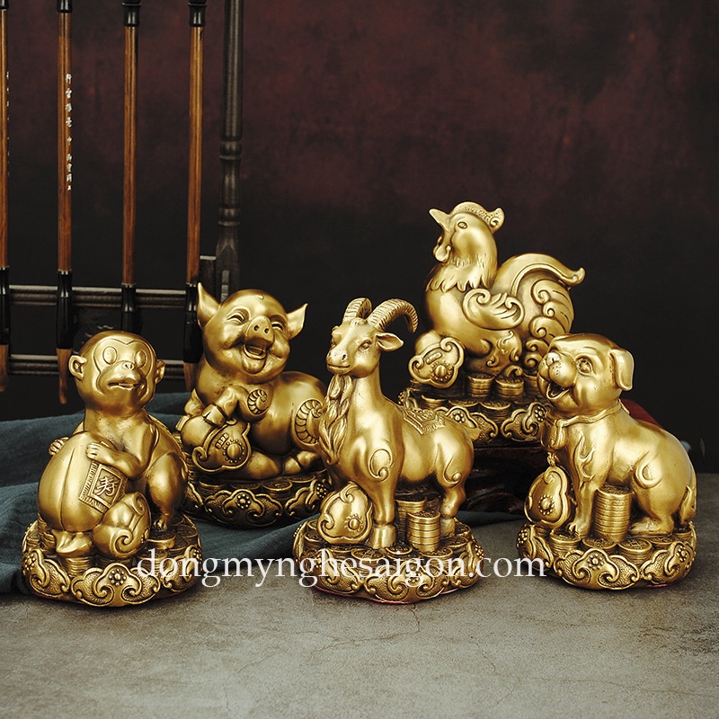 Bộ Tượng 12 Con Giáp Bằng Đồng, Tượng 12 Con Giáp Phong Thuỷ gồm có Chuột, Trâu, Hổ, Mèo, Rồng, Rắn, Ngựa, Mùi, Khỉ, Gà