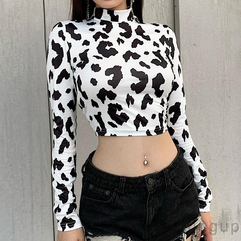DRESSINGUP-Áo croptop tay dài cổ lọ họa tiết bò sữa gợi cảm cho nữ