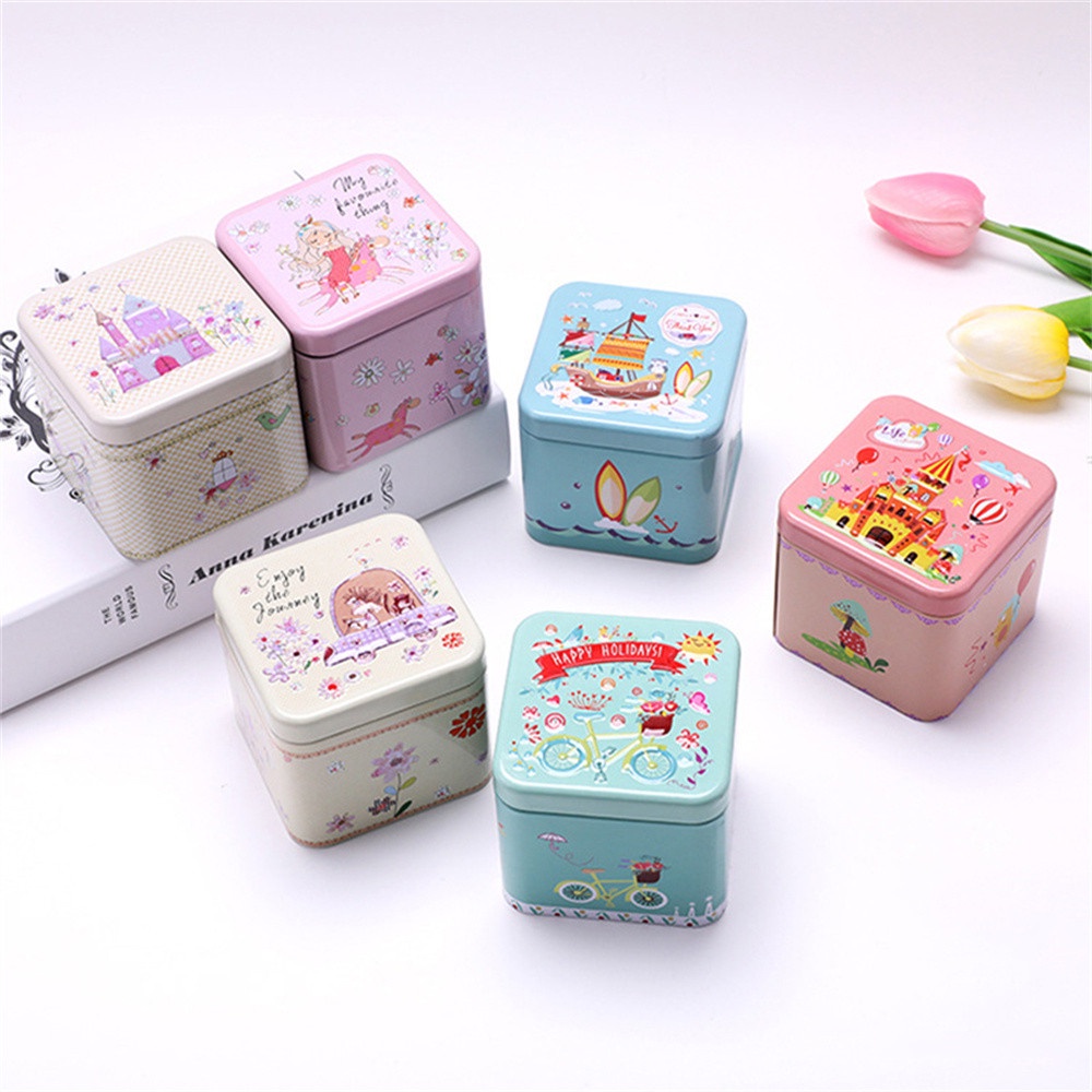 Hộp Thiếc Mini Hình Vuông In Họa Tiết Hoạt Hình Nhiều Màu Sắc Dùng Đựng Trang Sức / Kẹo Tiện Dụng