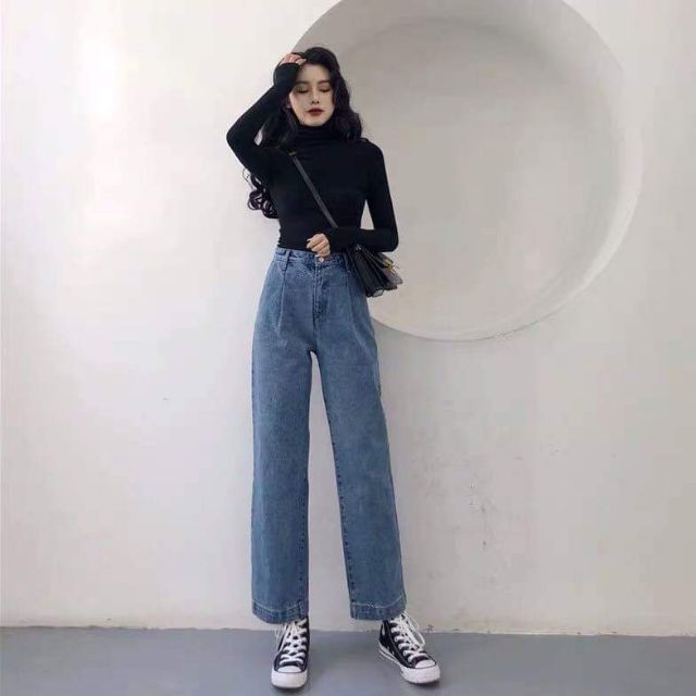 Quần jean ống rộng nữ lưng cao Delys quần bò ống rộng nữ cạp cao