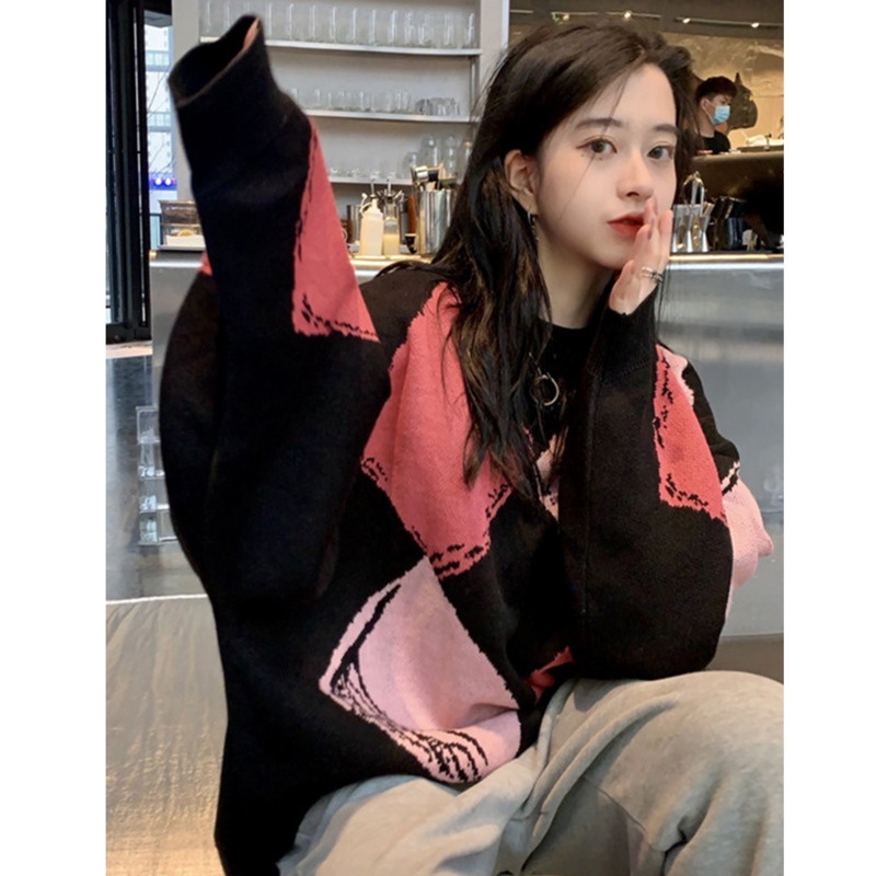 Áo sweater tay dài cổ tròn dáng rộng phối màu tương phản hợp thời trang