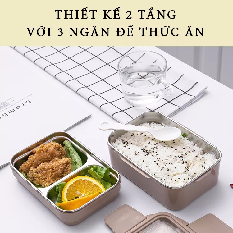 Hộp đựng cơm giữ nhiệt 2 tầng 3 ngăn , hộp cơm văn phòng,hộp Đựng xơm văn phòng ruột INOX cao cấp,dùng được vi sóng