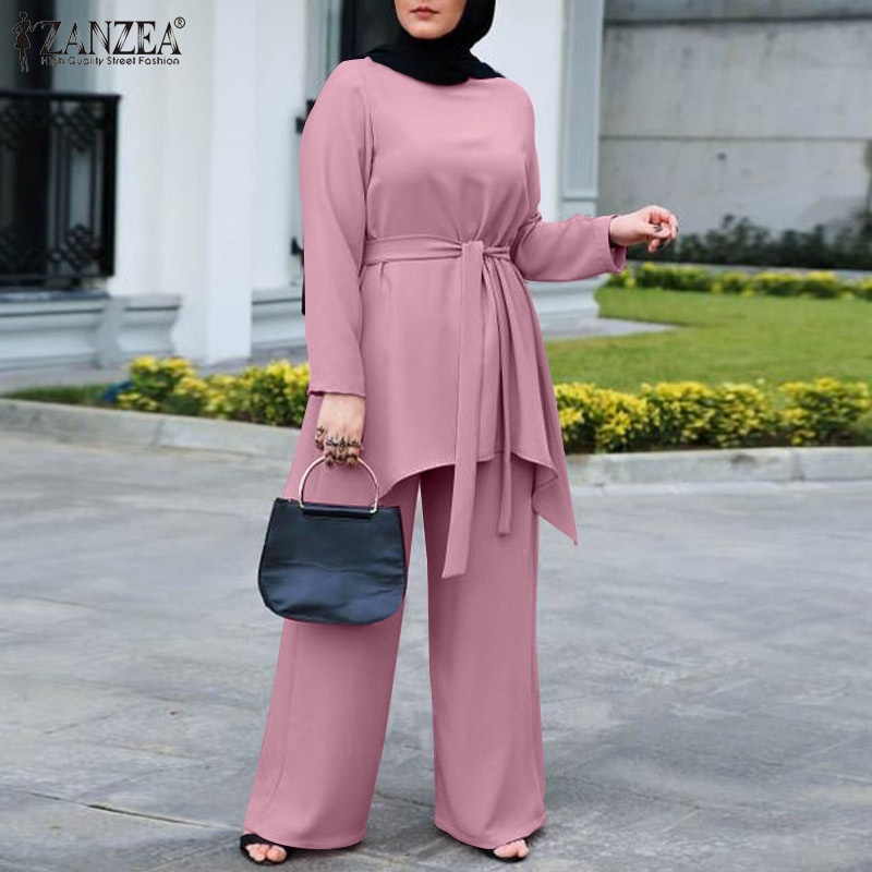 Zanzea Set Đồ Hồi Giáo Gồm Áo Tay Dài Cổ Tròn Và Quần Ống Rộng Có Túi Dành Cho Nữ