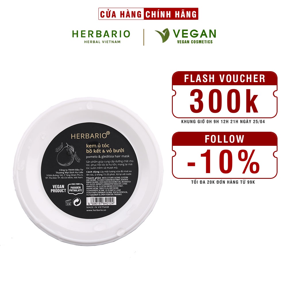 Kem ủ tóc bồ kết &amp; vỏ bưởi herbario 200ml thuần chay