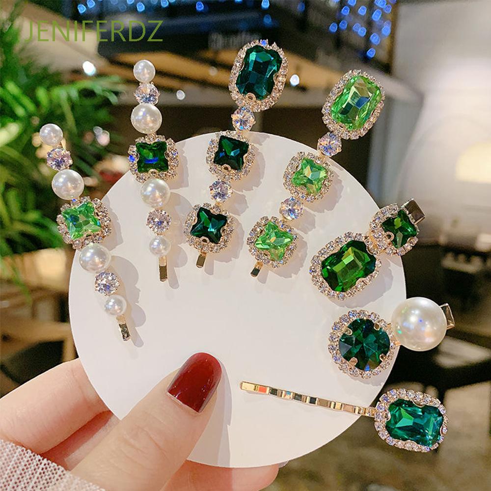 Kẹp tóc đính đá màu xanh lá cây và ngọc trai phong cách thời trang thanh lịch dành cho nữ