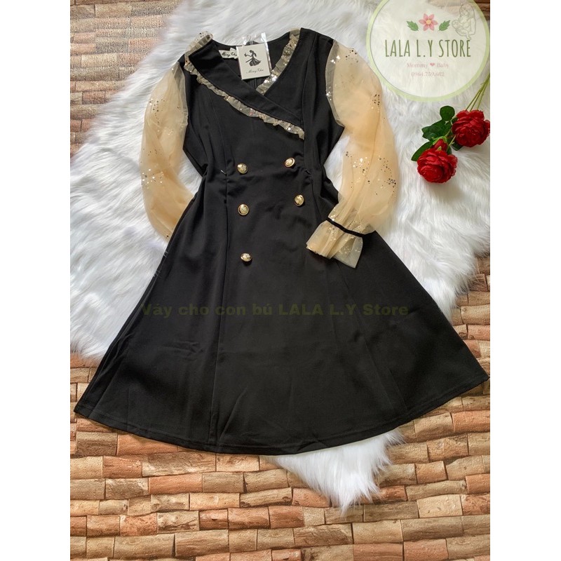 Váy cho con bú, váy cho con ti cổ vest phối voan cực trẻ trung, tôn da, đầm cho con ti khóa dọc LSV050