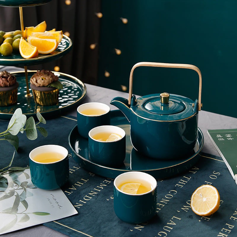 Bộ ấm chén trà sứ  ngọc lục bảo cao cấp - phong cách Nhật Bản