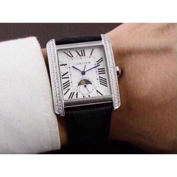 Đồng hồ Nam Catier vuông vành đá chạy cơ automatic trăng sao dây da size 40mm