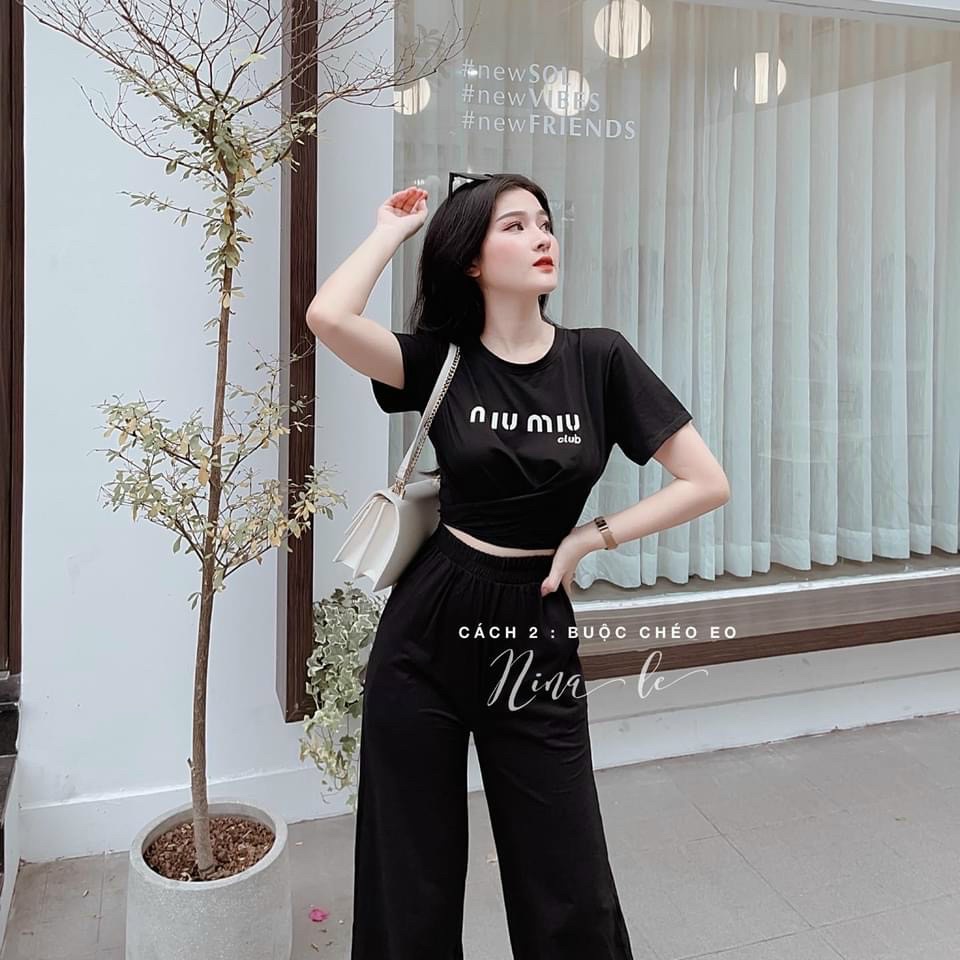 Sét bộ nữ áo in chữ MIU MIU tay ngắn from croptop eo cột nơ kèm quần dài ống suông tôn dáng cho nàng dạo phố