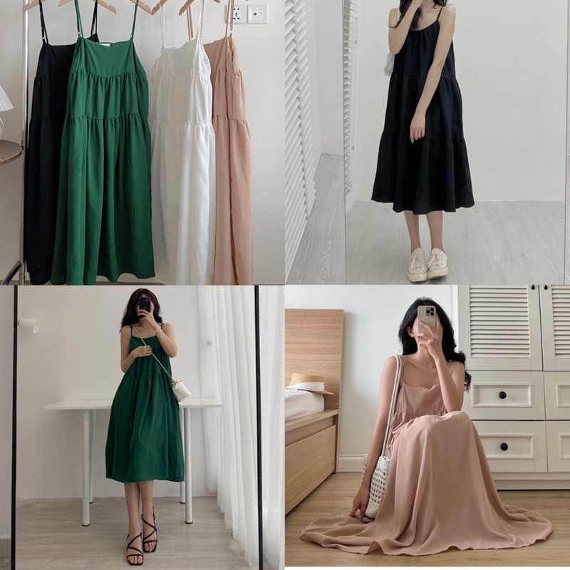 [Ảnh thật/Video]Váy hai dây Lady Tông màu Xanh bắt mắt đầm 2 dây  ba tầng dáng babydoll form rộng xoè