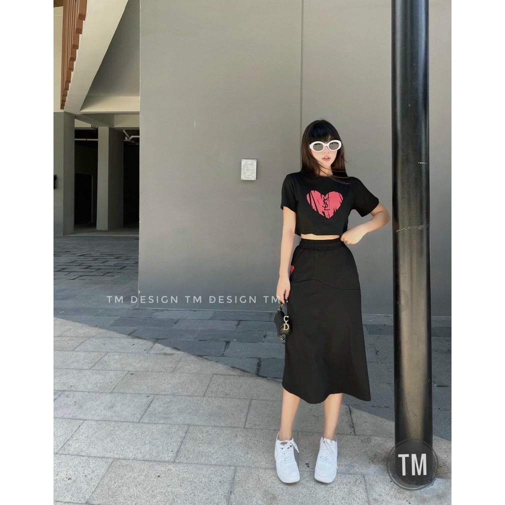[9.9 Sales Freeship] Set váy thun nữ basic, set áo trắng croptop in tim kèm chân váy dài  đi chơi năng động, cá tính dx
