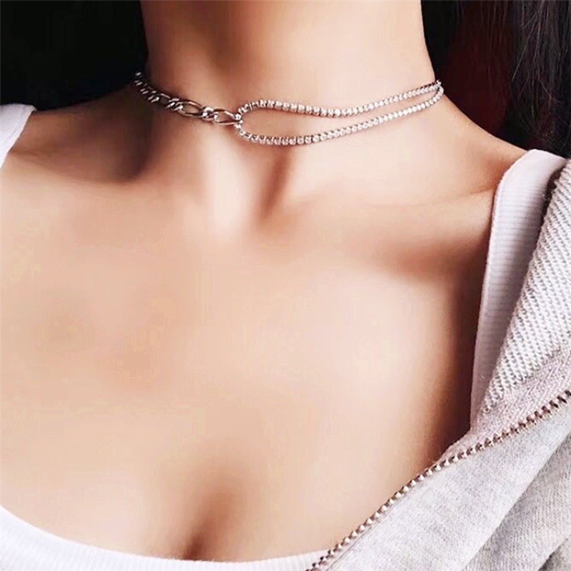 (Bạc 925 cao cấp) Vòng cổ chocker nữ thiết kế sợi layer đính đá siêu sang V09