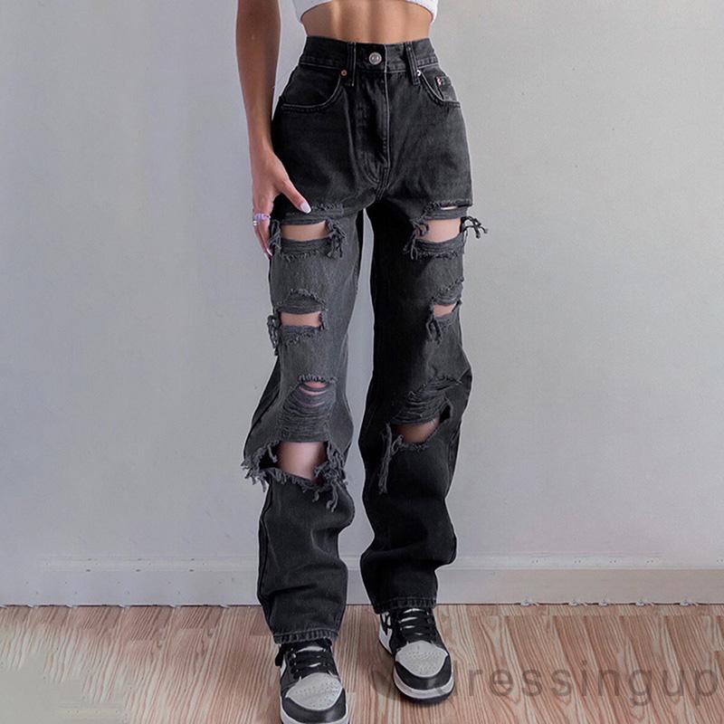 DRESSINGUP-Quần dài lưng cao màu đen phối rách gối cá tính dành cho nữ