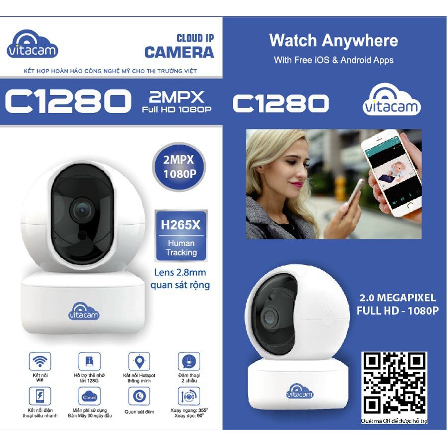 Camera IP Wifi Vitacam C1280 2.0MP FullHD 1080P hồng ngoại ban đêm - đàm thoại 2 chiều (Trắng)
