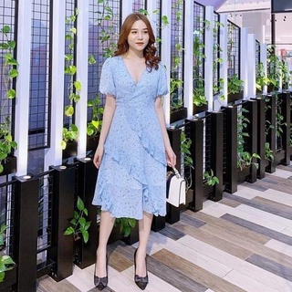 (Thanh lý) Đầm thiết kế 20AGAIn, voan hoa nhí xanh, dáng midi