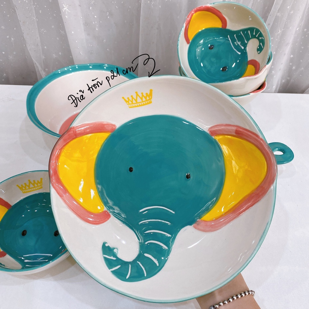 Bát Sứ Bát Ăn Cơm Bộ Bát Đĩa Decor Bộ Chén Dĩa Sứ vẽ tay họa tiết nổi sét voi xanh 7 món