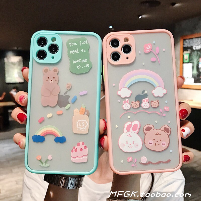 Ốp Lưng Đôi iPhone Nhám Viền Màu Bảo Vệ Camera Chống Sốc iPhone Gấu Thỏ Cầu Vồng 6 6Plus 7Plus 8Plus X Xs Max 11 Promax