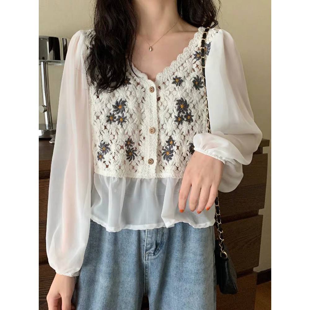 Áo sơ mi nữ kiểu croptop tay dài hở vai phong cách hàn quốc - tiemmaimeo19 | BigBuy360 - bigbuy360.vn