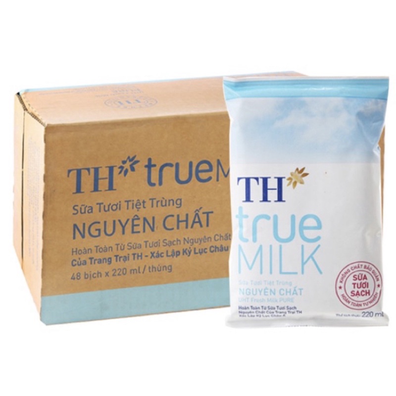 Sữa tươi nguyên chất (không đường) TH true milk 220ml(thùng 48 bịch)-TH true Pure milk(Natural)