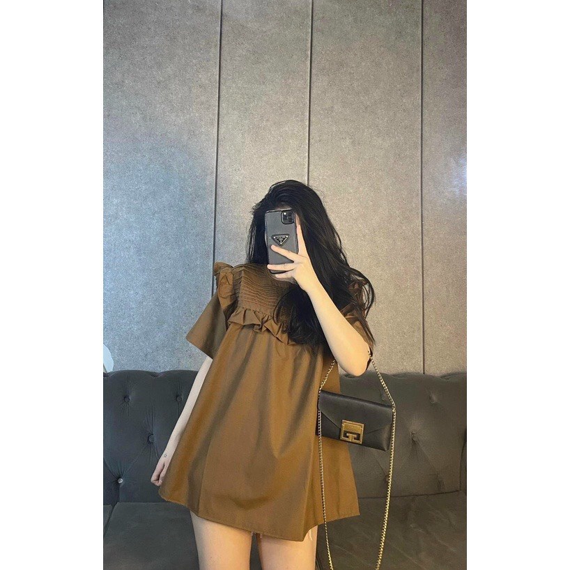 Áo Babydoll Cổ Dễ Thương Bèo Vai Xếp Li Ngang Ren Ngực Dáng Ngắn Giấu Quần 4 Màu Nâu/Hồng/Cốm/Trắng