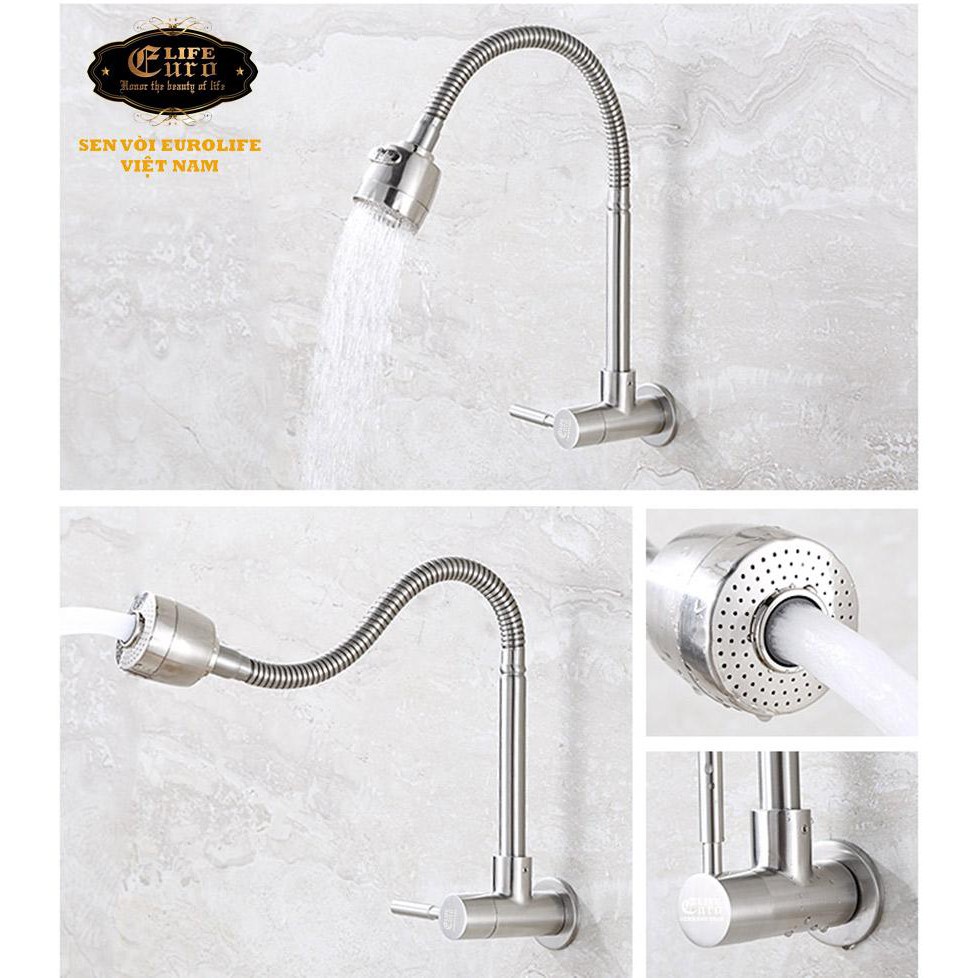 Vòi rửa chén lạnh âm tường, cần lò xo Inox SUS 304 Eurolife EL-RC10