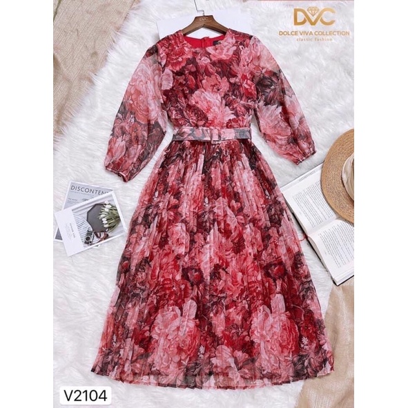 V2104 váy voan hoa dài tay màu đỏ