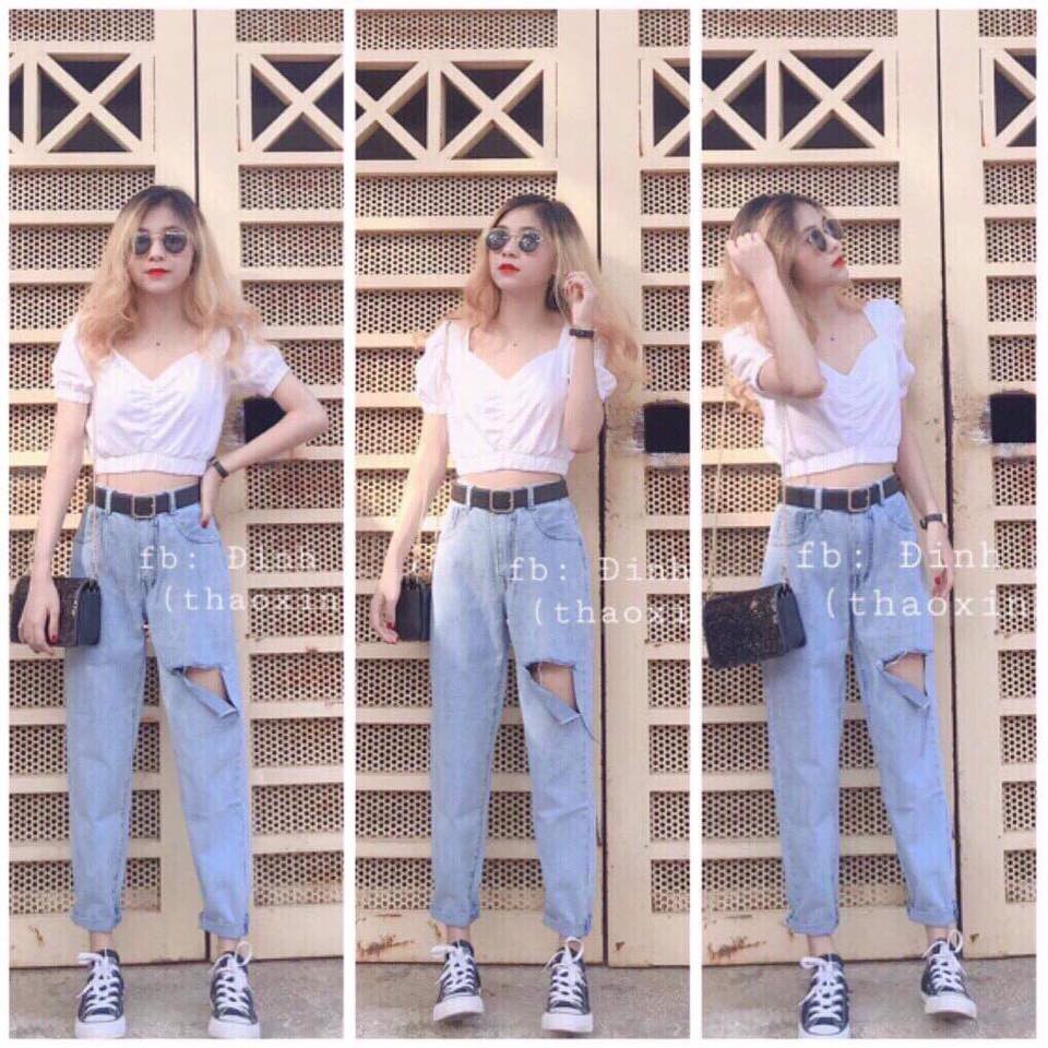 Quần jeans nữ Shynstores - quần baggy jeans Unisex cạp cao rách đùi vải bò dày đẹp freeship