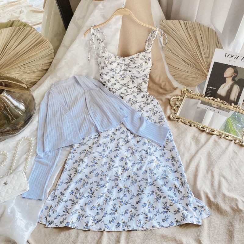 (Best Seller) Set đầm midi 2 dây hoa nhí + Khoác cardigan lửng xanh | BigBuy360 - bigbuy360.vn