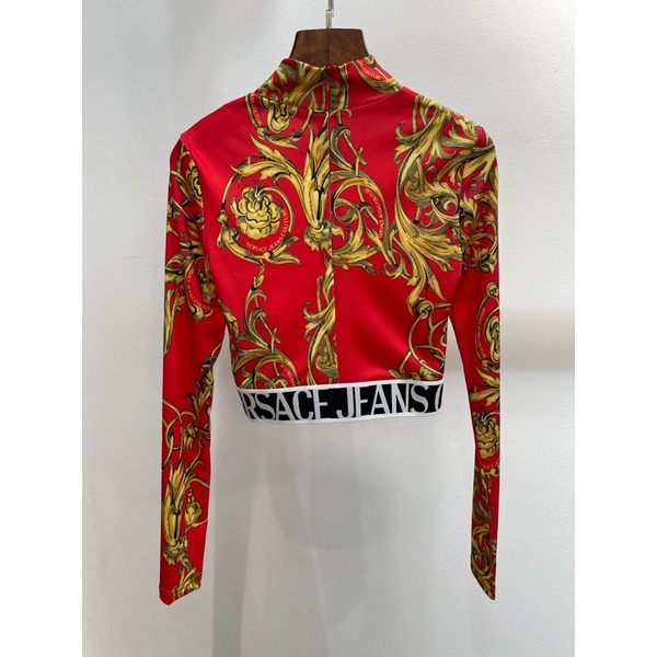 Áo nữ thời trang dài tay cổ cao bo eo mẫu mới thương hiệu Versace cao cấp