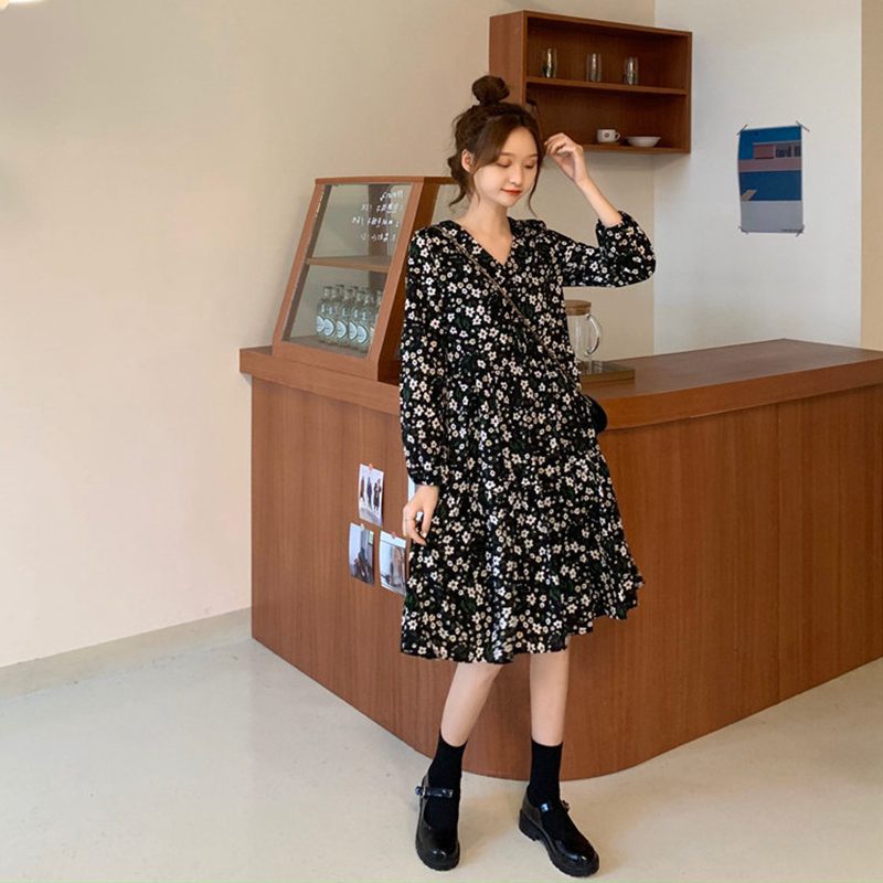 Đầm Tay Dài Hoạ Tiết Hoa Nhỏ Thời Trang Cho Nữ