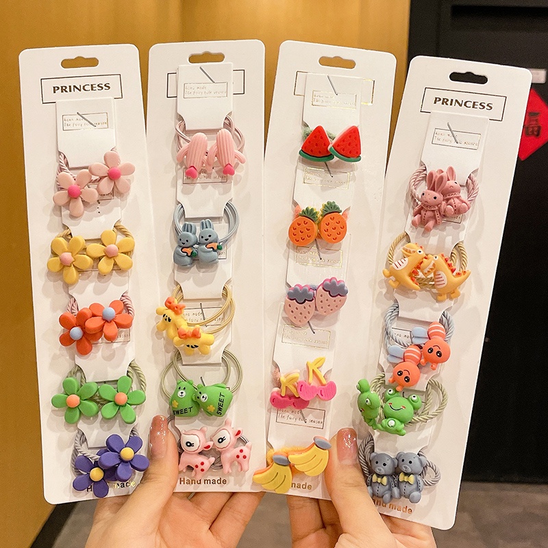 Set 10 Dây Buộc Tóc Cao Su Mini Họa Tiết Hoạt Hình Không Đau Cho Bé Gái