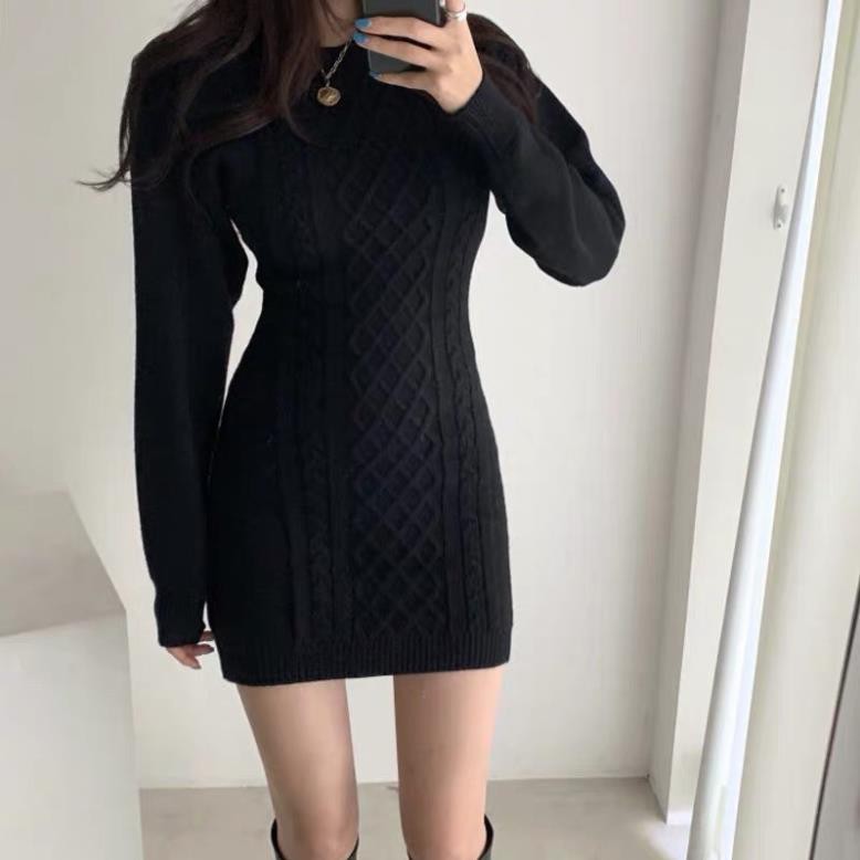 (ảnh thật) Váy đầm len ôm body tay phồng dài hở eo lưng sexy quyến rũ ulzzang 2020  ྇