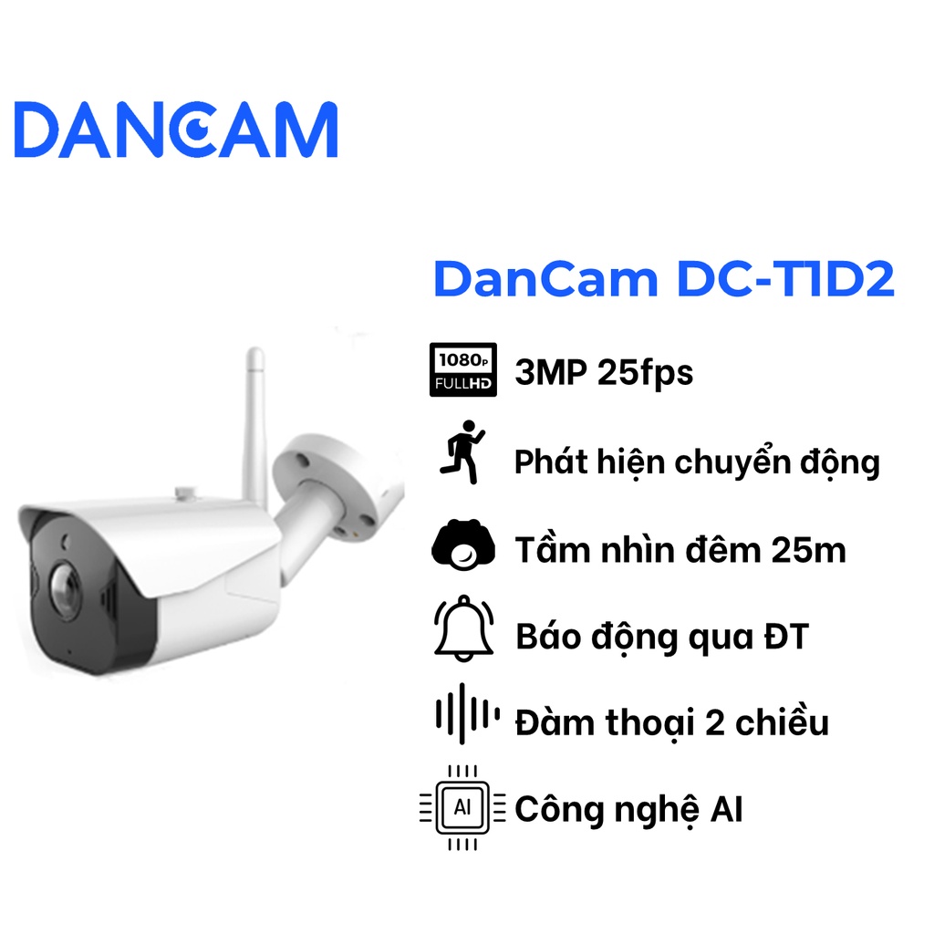 [Mã BMBAU300 giảm 7% đơn 499K] camera IP wifi ngoài trời full HD 1080p - DanCam DC-T1D2