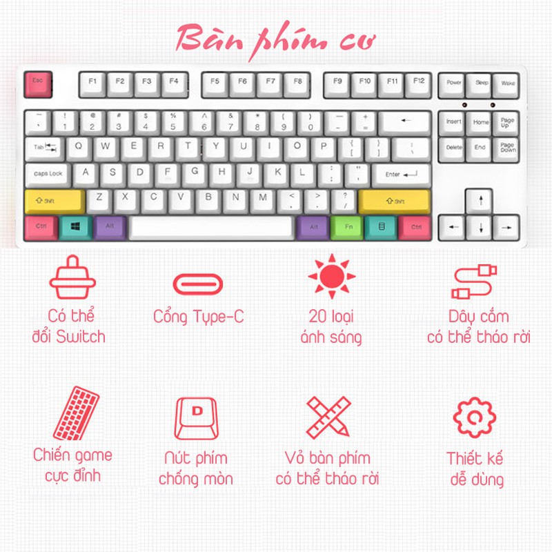 Bàn phím cơ gaming có đèn led chất lượng, dây cắm rời, nút phím chống mòn, đổi switch linh động tiện dụng