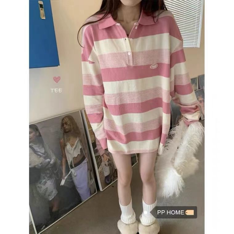 Áo Thun POLO Tay Dài Dáng Rộng Phối Màu Họa Tiết Kẻ Sọc Màu Tương Phản Thời Trang Mùa Xuân Trẻ Trung