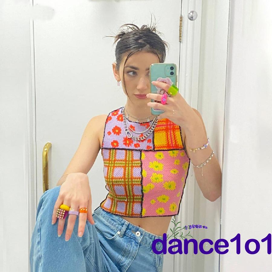 Áo dệt kim cổ tròn hở rốn màu sắc tương phản in họa tiết hoa thời trang cho nữ