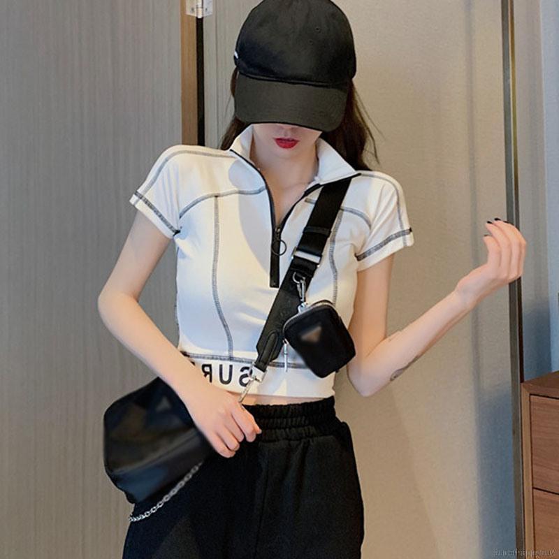 Áo Thun Ngắn Tay Phối Khóa Kéo Phong Cách Hong Kong