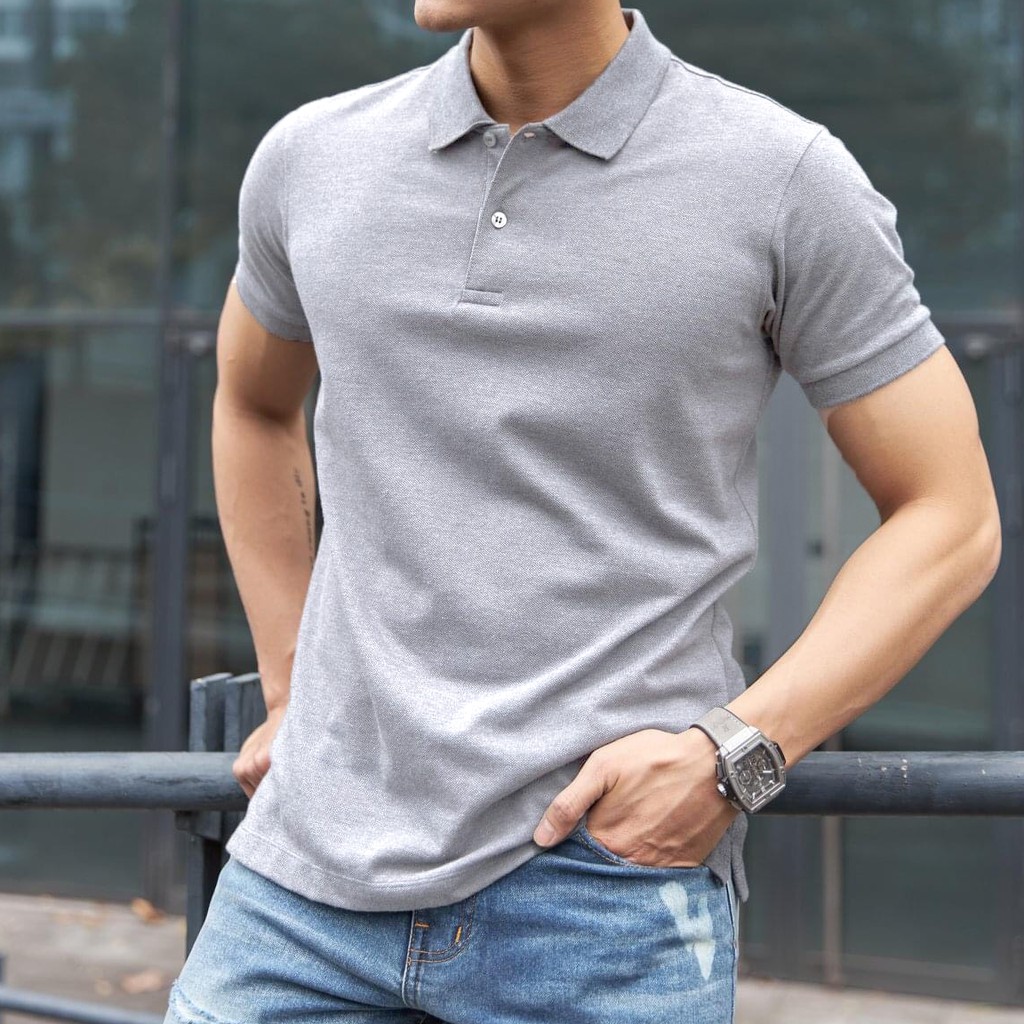 Áo Polo nam trơn basic vải dệt kim mongtoghi Cotton Trắng/Ghi