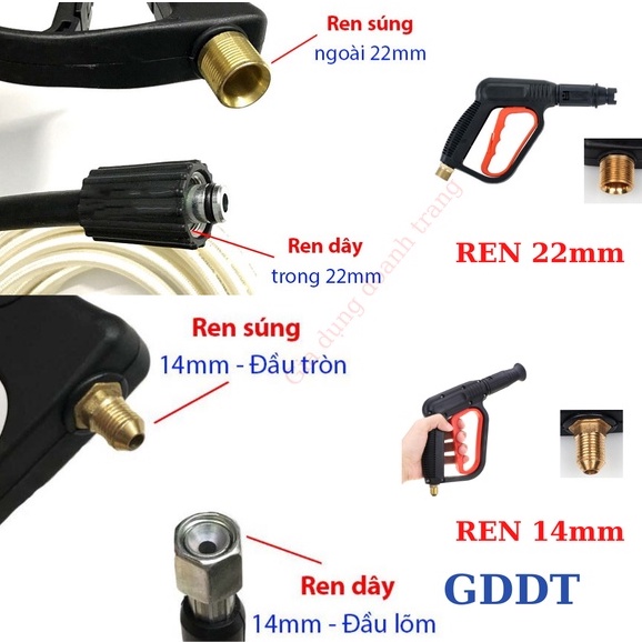 Súng rửa xe áp lực cao ren 22mm và 14mm, Cho máy xịt rửa xe mini gia đình