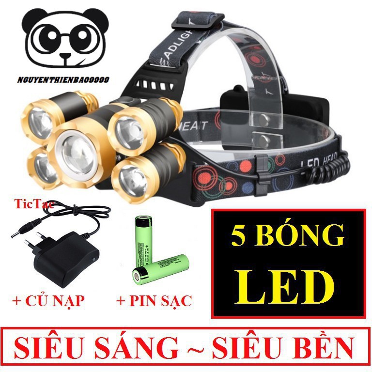 Đèn Pin Đội Đầu Đeo Trán 5 Bóng T6 Siêu Sáng Kèm Pin Sạc