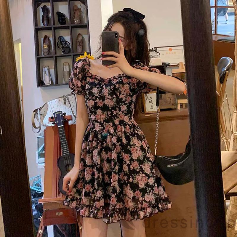 Đầm chữ A cổ vuông tay ngắn phồng eo cao thời trang mùa hè cho nữ