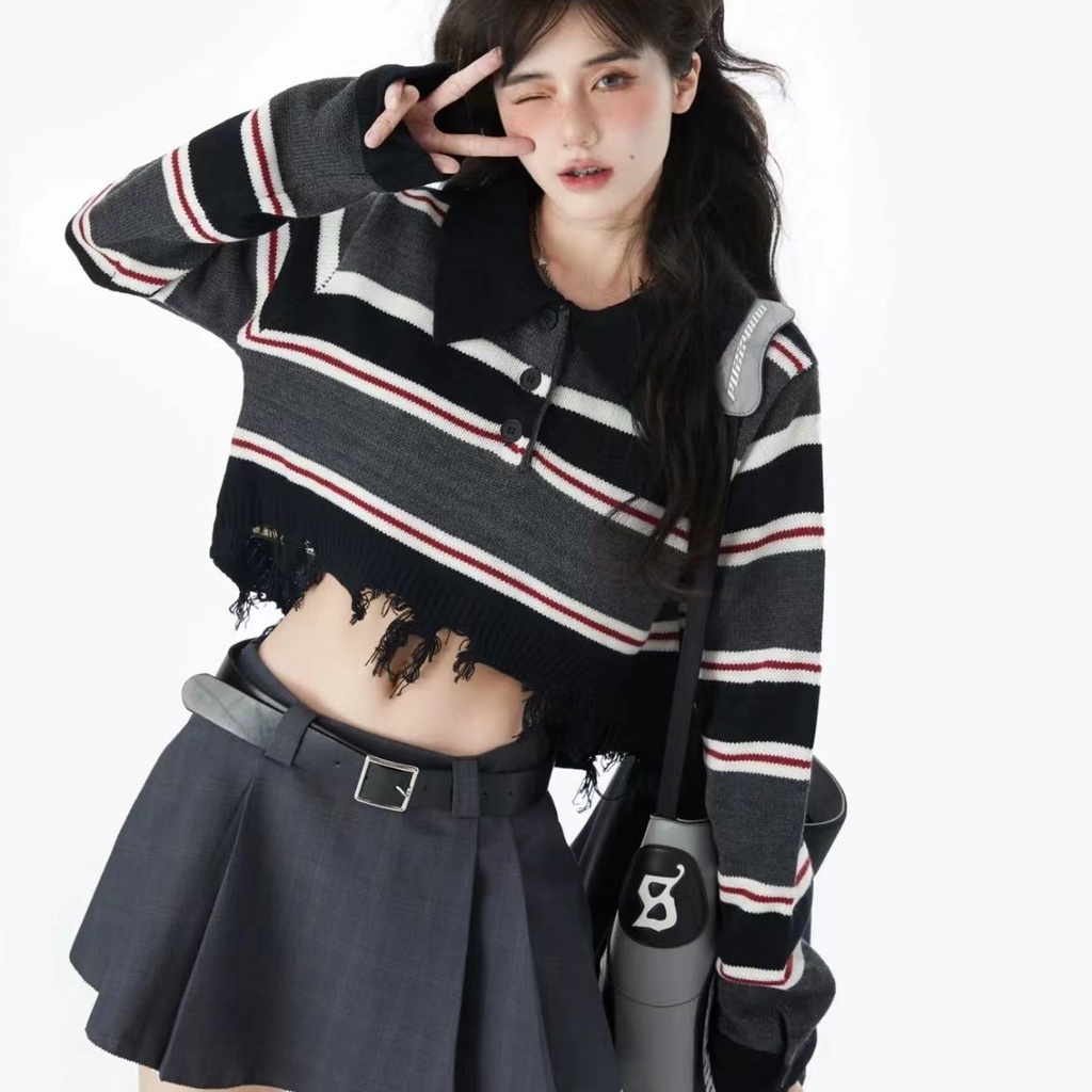 Áo Sweater Dệt Kim Cổ polo Kẻ Sọc Phong Cách Retro Mỹ Thời Trang Mùa Thu Hàn Quốc 2022 Mới Dành Cho Bạn Gái